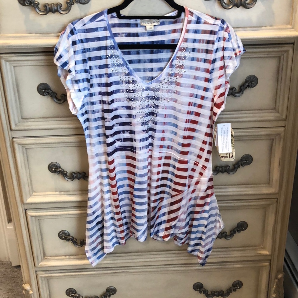 Red white blue stripes shirt with silver stones